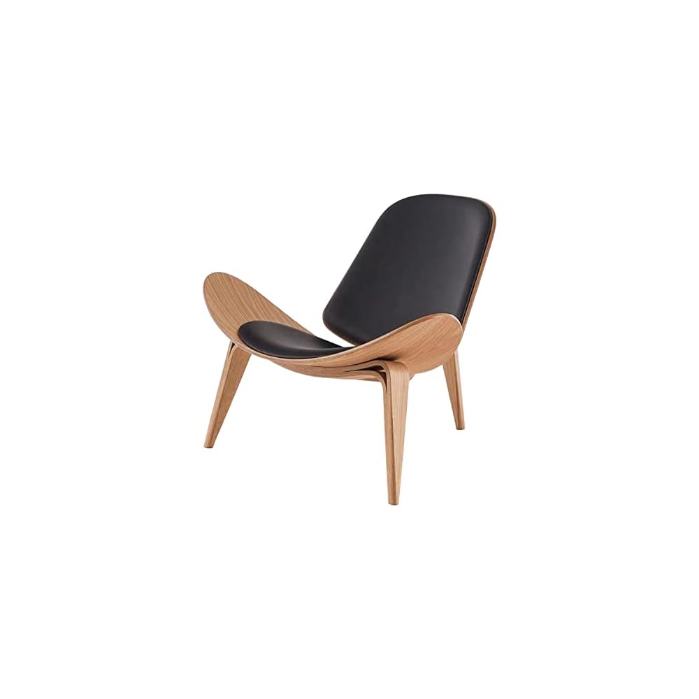 Hans Wegner Style Three- Legged Shell Chair Ash Plywood White Faux Leather Accent Chair Living Room Furniture Mid-Century Modern Shell Chair (Wood Color-Black)