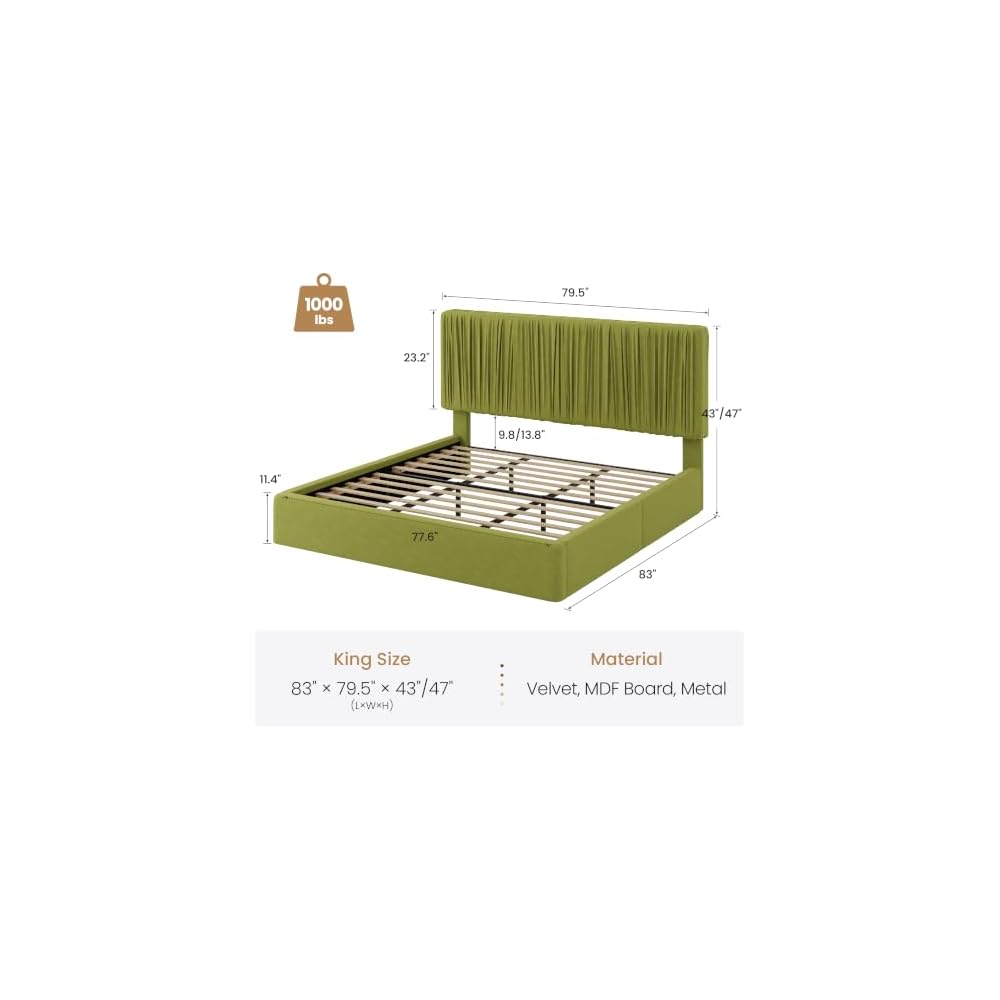 SHA CERLIN King Size Artisanal Pleated Velvet Bed Frame with Adjustable Headboard, Luxurious Upholstered Floor Platform Bed, Modern Low Profile Frame, Green