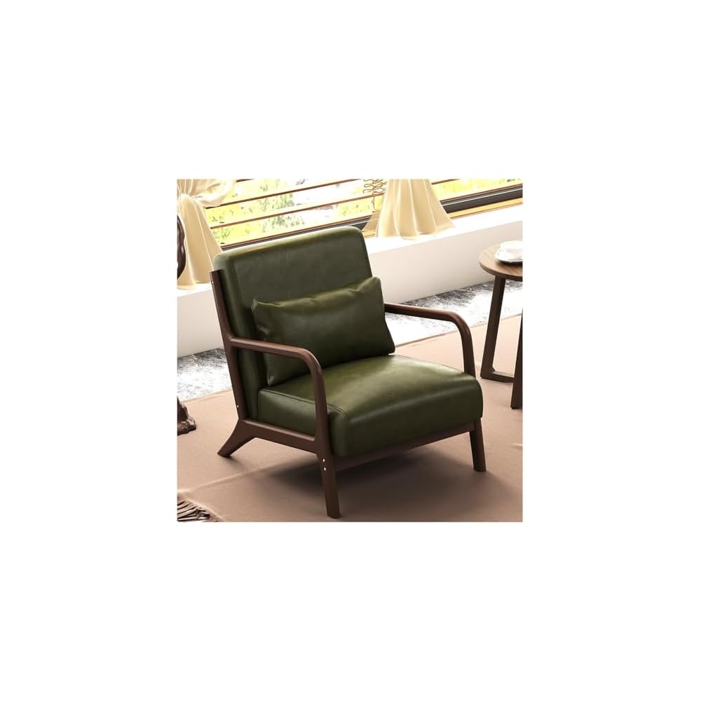 Mid Century Modern Accent Chair Green Walnut Ruberwood Frame PU Leather Lounge Cigar Chair Ergonomic Oversized Seat Single American Style Reading Armchair Comfy Lazy Sofa Chair For Living Room Bedroom