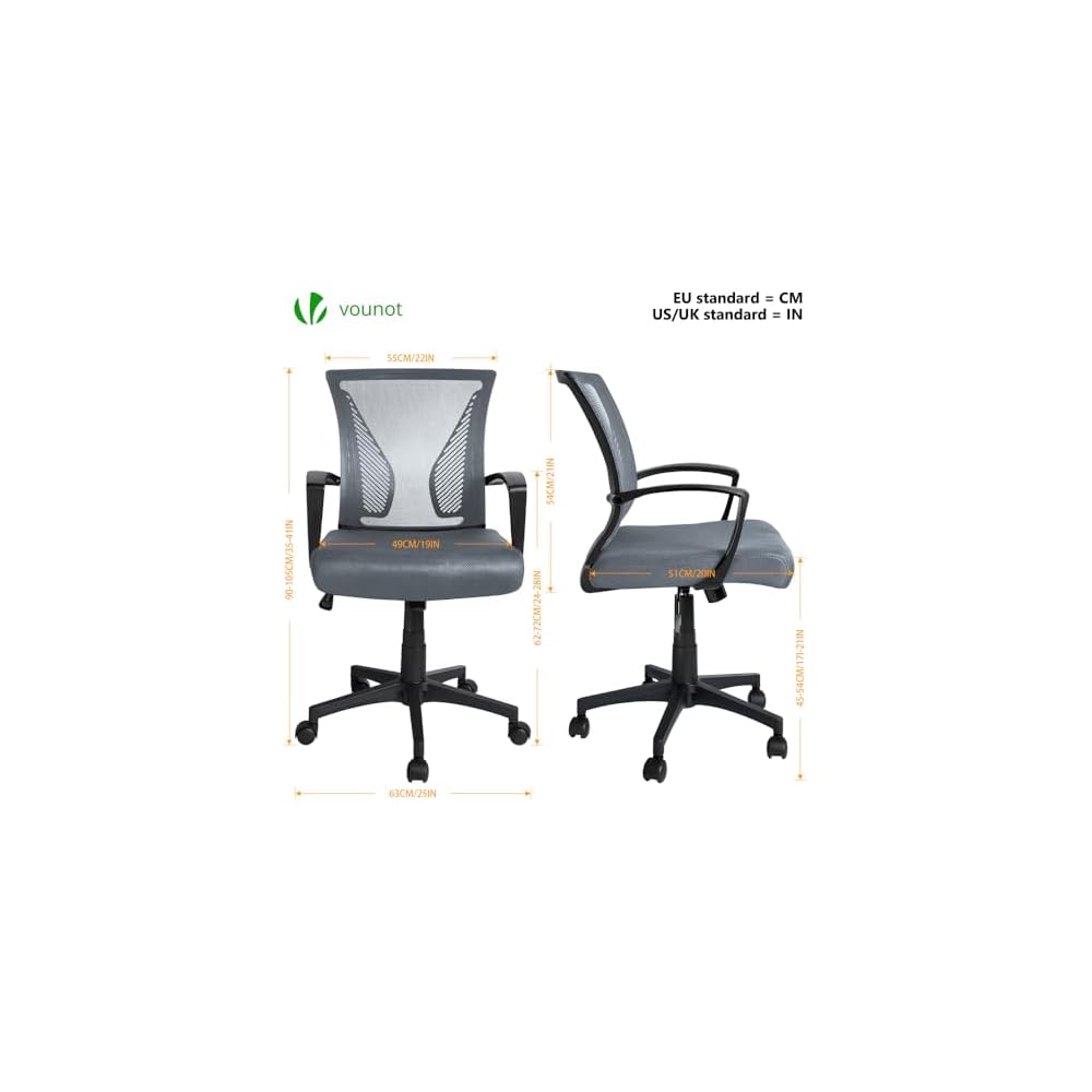 VOUNOT Ergonomic Office Desk Chair, Computer Chair, Executive Swivel Chair with Armrest & Back Support, Mesh Chair for Home Office, Grey
