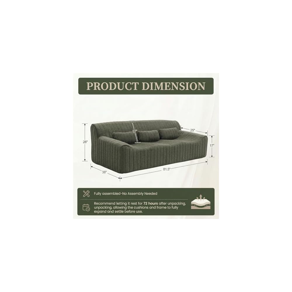 HNY 81.5“ Boneless Sofa Couch, Modern 3-Seater Sofa with Deep Seat, Green
