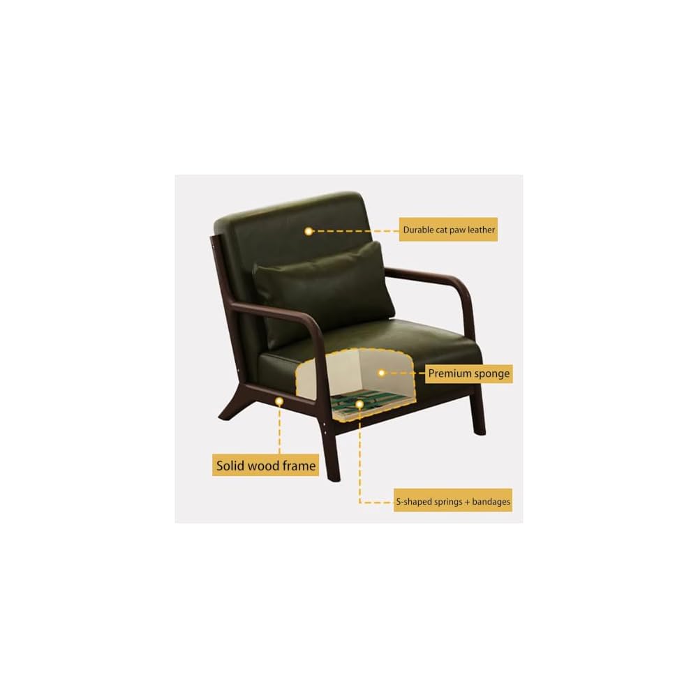 Mid Century Modern Accent Chair Green Walnut Ruberwood Frame PU Leather Lounge Cigar Chair Ergonomic Oversized Seat Single American Style Reading Armchair Comfy Lazy Sofa Chair For Living Room Bedroom