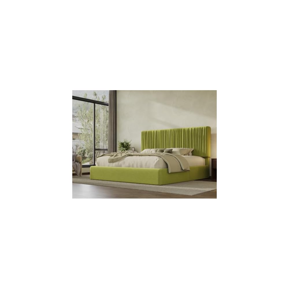 SHA CERLIN King Size Artisanal Pleated Velvet Bed Frame with Adjustable Headboard, Luxurious Upholstered Floor Platform Bed, Modern Low Profile Frame, Green