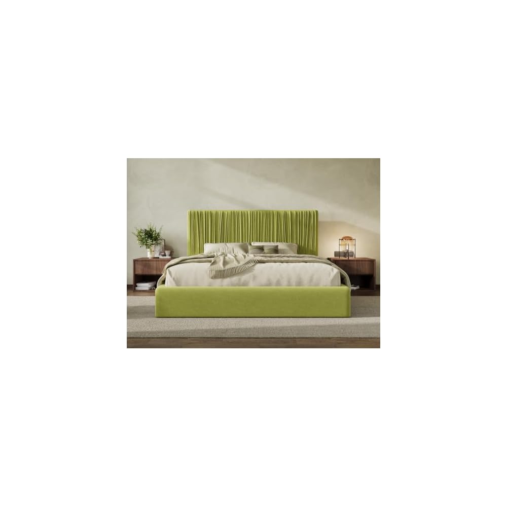 SHA CERLIN King Size Artisanal Pleated Velvet Bed Frame with Adjustable Headboard, Luxurious Upholstered Floor Platform Bed, Modern Low Profile Frame, Green