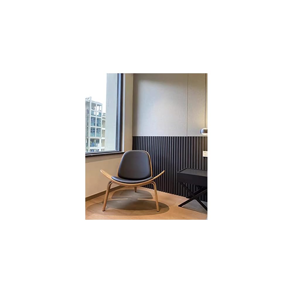 Hans Wegner Style Three- Legged Shell Chair Ash Plywood White Faux Leather Accent Chair Living Room Furniture Mid-Century Modern Shell Chair (Wood Color-Black)