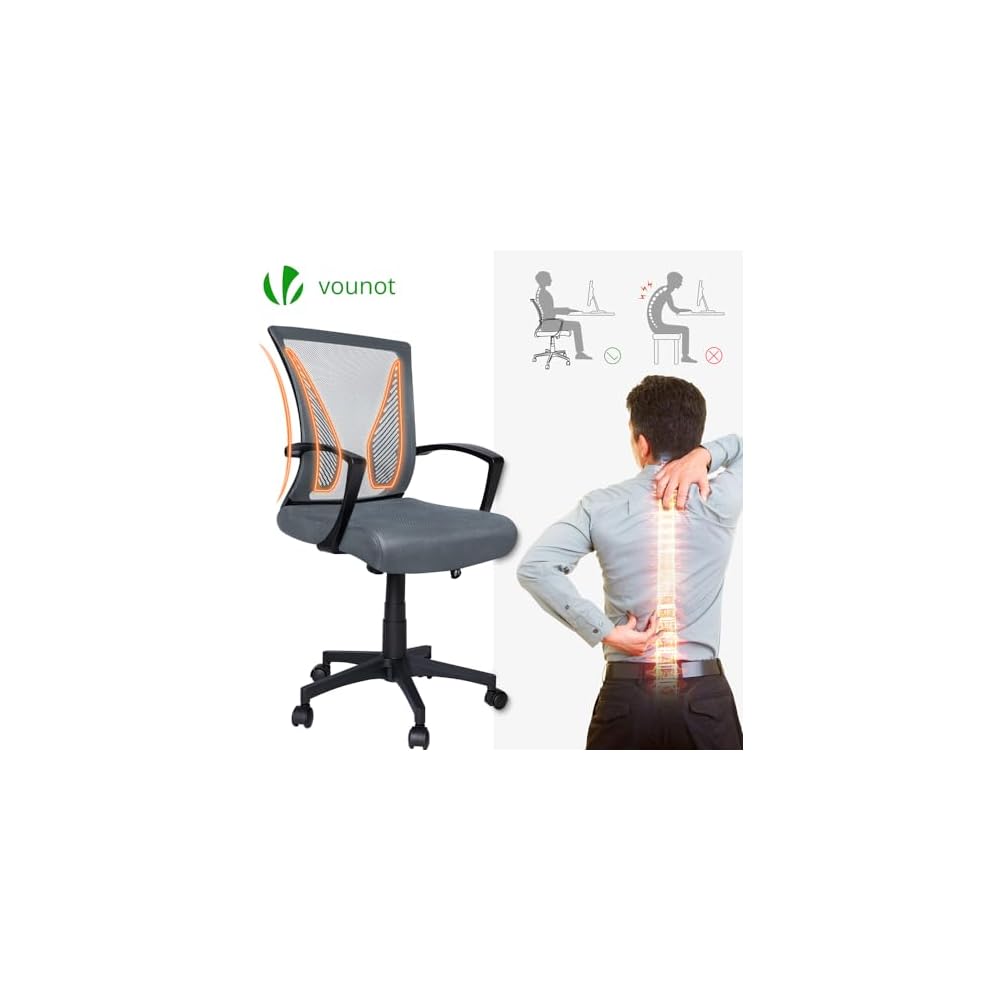 VOUNOT Ergonomic Office Desk Chair, Computer Chair, Executive Swivel Chair with Armrest & Back Support, Mesh Chair for Home Office, Grey