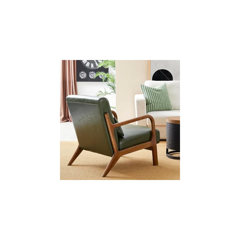 Mid Century Modern Accent Chair Green Walnut Ruberwood Frame PU Leather Lounge Cigar Chair Ergonomic Oversized Seat Single American Style Reading Armchair Comfy Lazy Sofa Chair For Living Room Bedroom