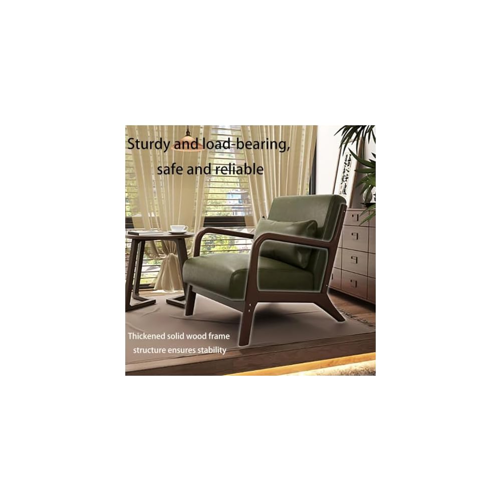 Mid Century Modern Accent Chair Green Walnut Ruberwood Frame PU Leather Lounge Cigar Chair Ergonomic Oversized Seat Single American Style Reading Armchair Comfy Lazy Sofa Chair For Living Room Bedroom
