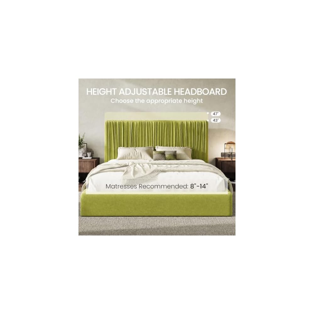 SHA CERLIN King Size Artisanal Pleated Velvet Bed Frame with Adjustable Headboard, Luxurious Upholstered Floor Platform Bed, Modern Low Profile Frame, Green