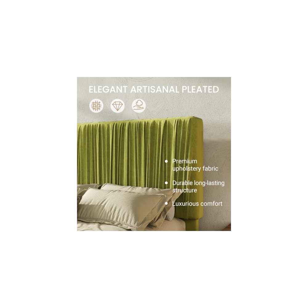 SHA CERLIN King Size Artisanal Pleated Velvet Bed Frame with Adjustable Headboard, Luxurious Upholstered Floor Platform Bed, Modern Low Profile Frame, Green