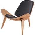 Hans Wegner Style Three- Legged Shell Chair Ash Plywood White Faux Leather Accent Chair Living Room Furniture Mid-Century Modern Shell Chair (Wood Color-Black)