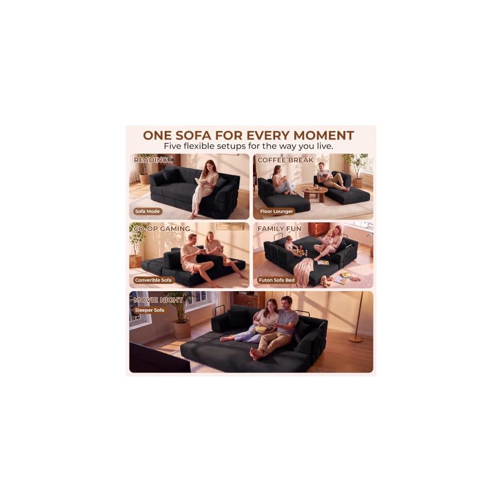 79" High‑Back Convertible Futon Sofa Bed, Boneless Couch for Living Room