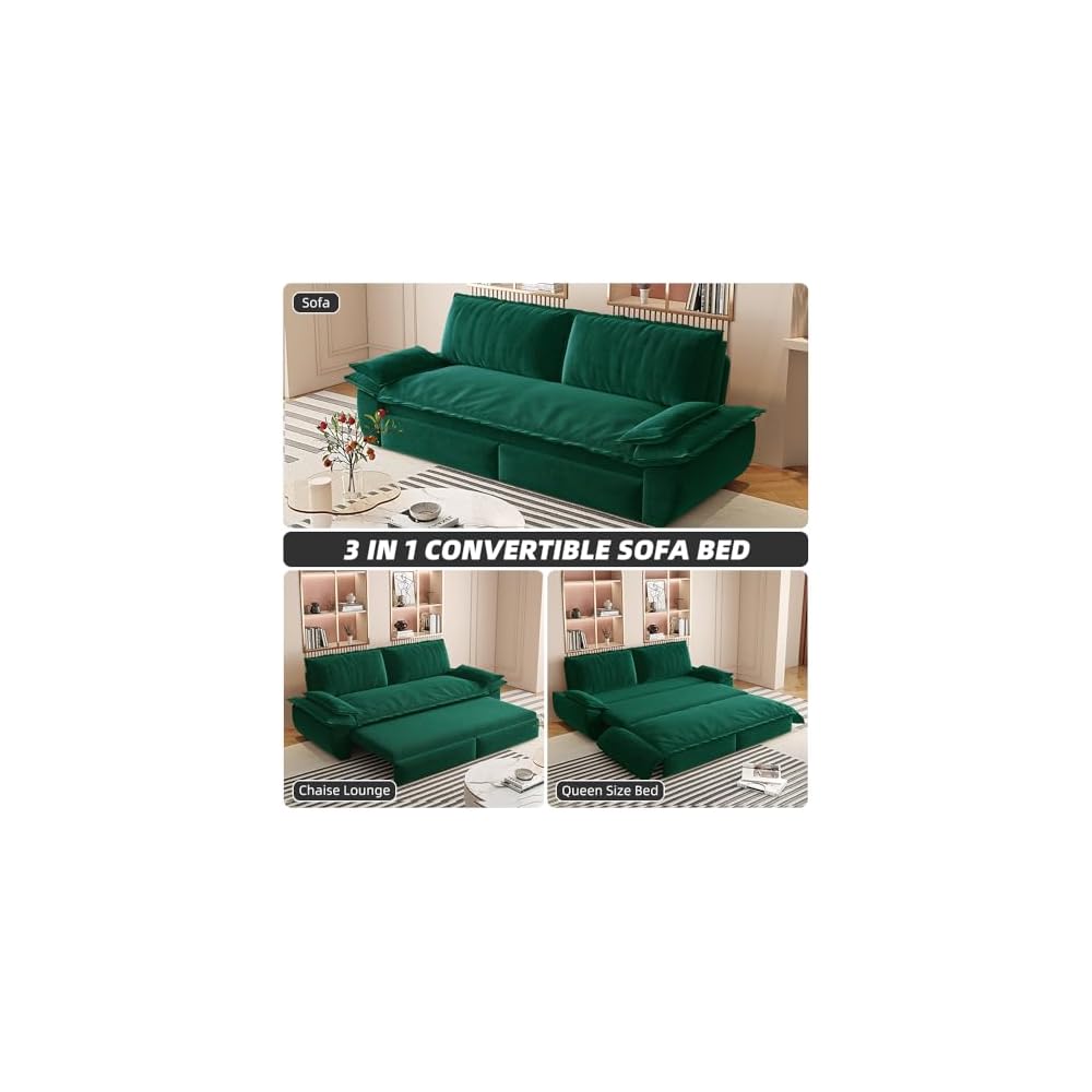 73.2'' Queen Size Sleeper Sofa Bed, Comfy Velvet Pull Out Couches, Green