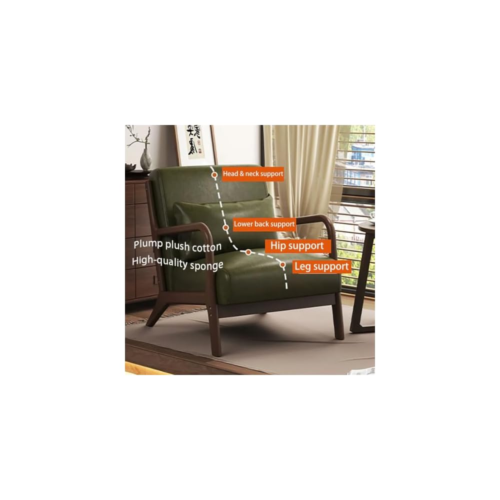 Mid Century Modern Accent Chair Green Walnut Ruberwood Frame PU Leather Lounge Cigar Chair Ergonomic Oversized Seat Single American Style Reading Armchair Comfy Lazy Sofa Chair For Living Room Bedroom