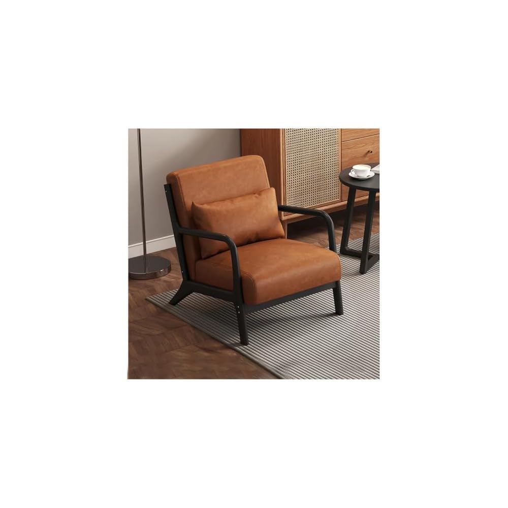 Mid Century Modern Accent Chair Green Walnut Ruberwood Frame PU Leather Lounge Cigar Chair Ergonomic Oversized Seat Single American Style Reading Armchair Comfy Lazy Sofa Chair For Living Room Bedroom