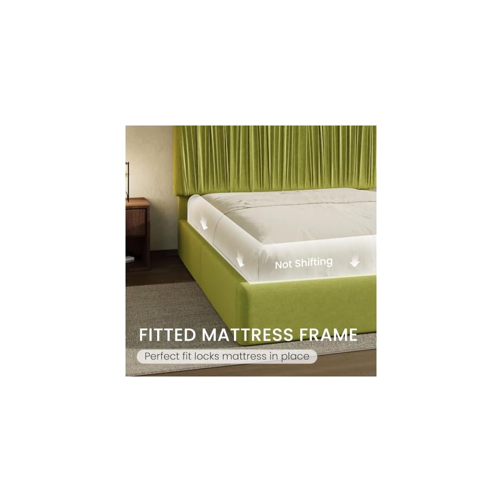 SHA CERLIN King Size Artisanal Pleated Velvet Bed Frame with Adjustable Headboard, Luxurious Upholstered Floor Platform Bed, Modern Low Profile Frame, Green