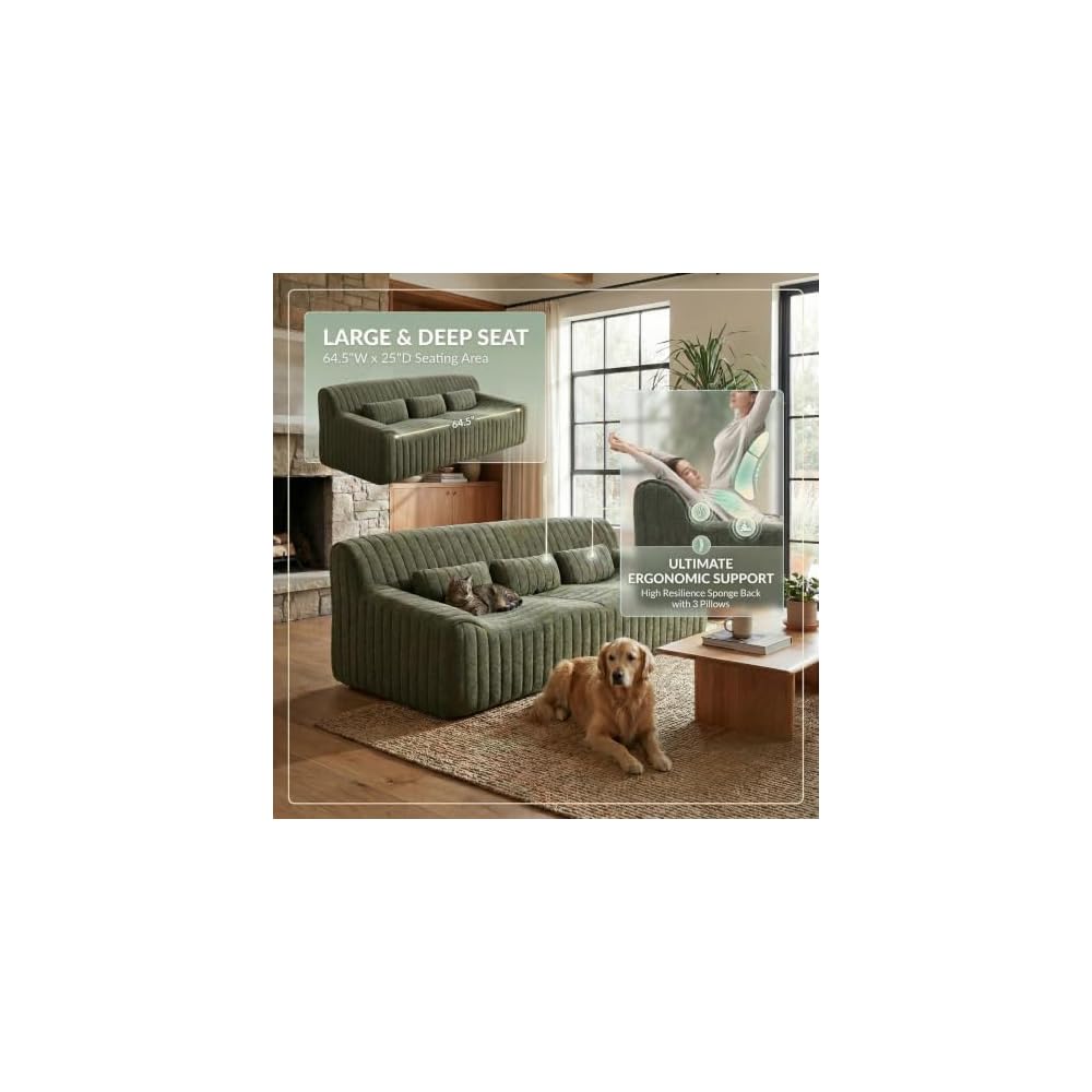 HNY 81.5“ Boneless Sofa Couch, Modern 3-Seater Sofa with Deep Seat, Green