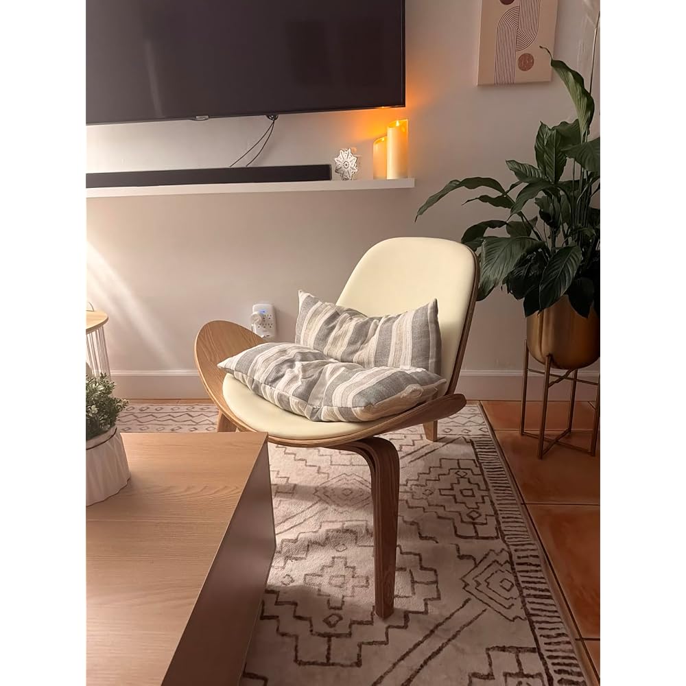 Hans Wegner Style Three- Legged Shell Chair Ash Plywood White Faux Leather Accent Chair Living Room Furniture Mid-Century Modern Shell Chair (Wood Color-Black)