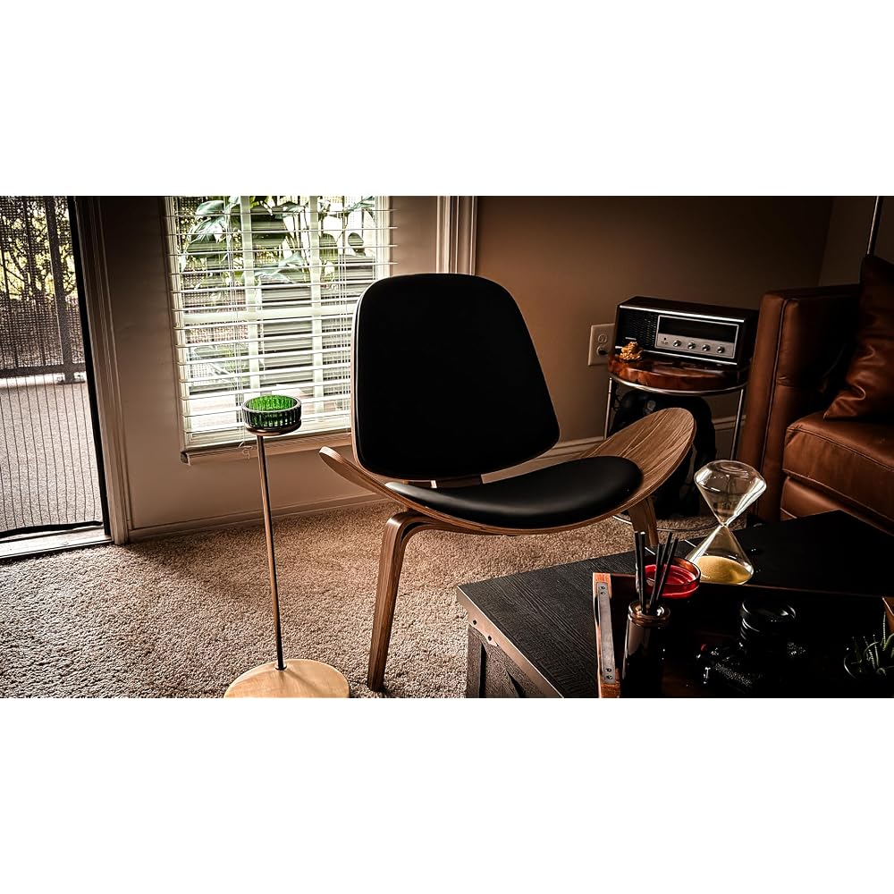 Hans Wegner Style Three- Legged Shell Chair Ash Plywood White Faux Leather Accent Chair Living Room Furniture Mid-Century Modern Shell Chair (Wood Color-Black)