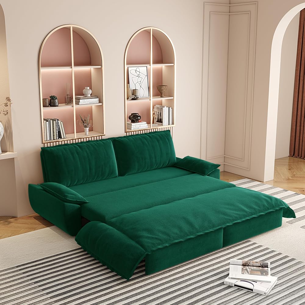 73.2'' Queen Size Sleeper Sofa Bed, Comfy Velvet Pull Out Couches, Green