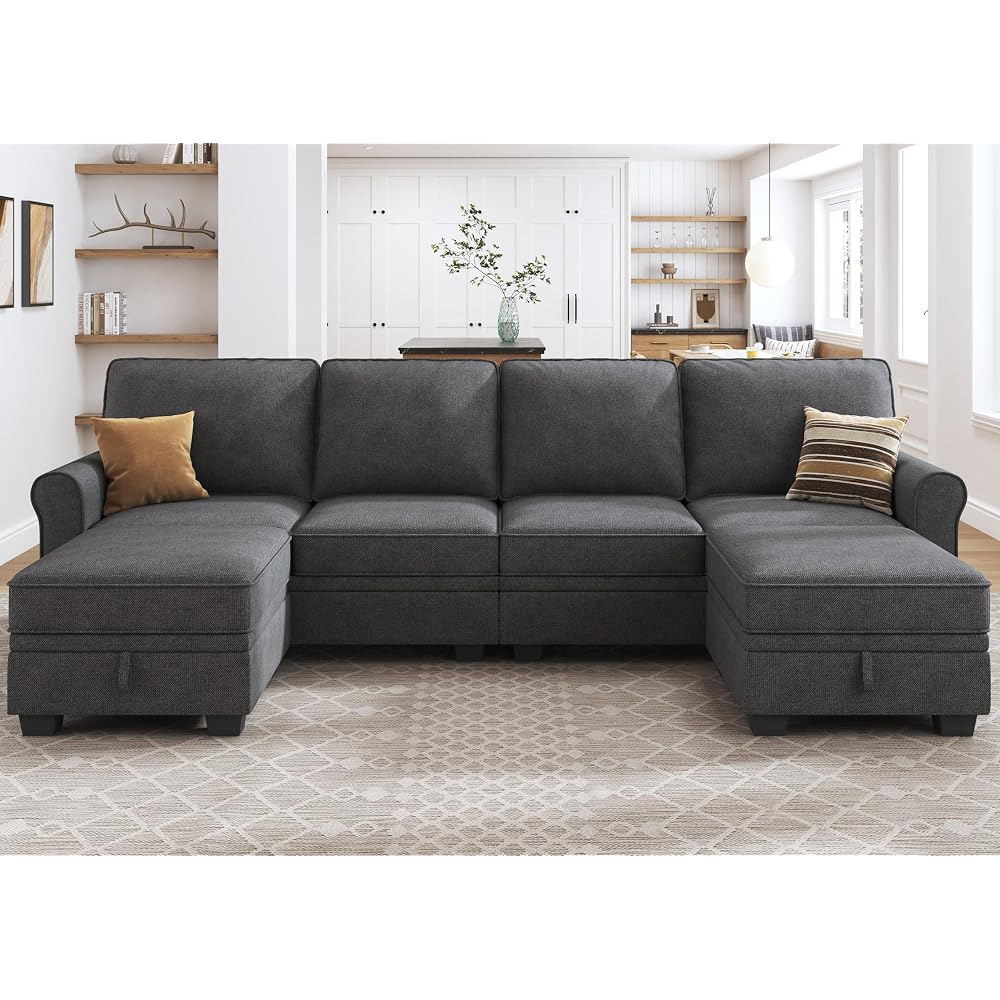 HONBAY U Shaped Sectional Sofa with Storage,Dark Grey