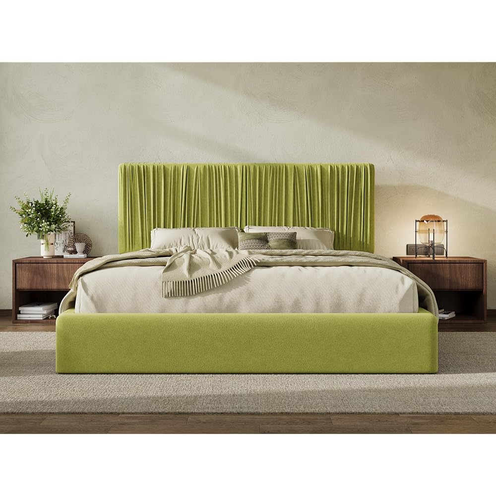 SHA CERLIN King Size Artisanal Pleated Velvet Bed Frame with Adjustable Headboard, Luxurious Upholstered Floor Platform Bed, Modern Low Profile Frame, Green